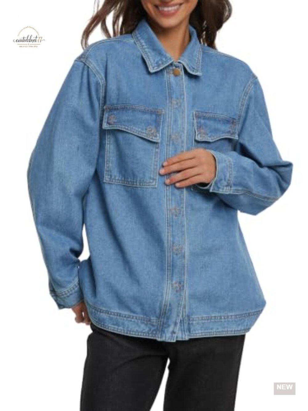 Oversized Denim Jacket Shirt with Star Stitching, Long Sleeve, Utility Pockets